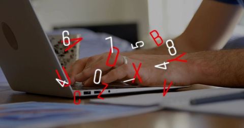 Hands Typing on Laptop with Red-White Data Overlay for Remote Work and Coding