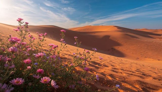 Blooming wildflowers glowing over rippled desert dunes at sunrise