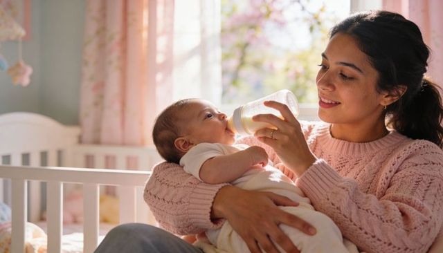 Mother feeding infant with bottle in sunlit nursery, tender bond and cozy moment