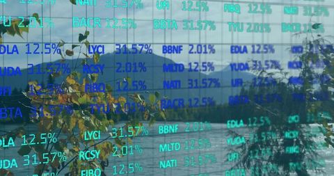 Nature reflection with stock market overlay in tranquil landscape
