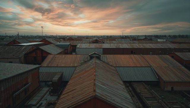 Sunset Over Rustic Industrial Warehouses