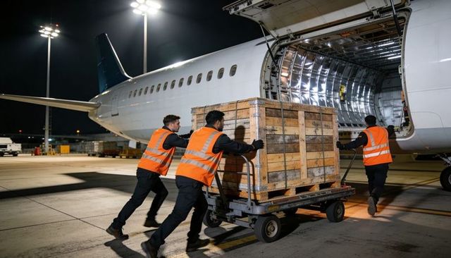 Ground crew loading wooden crate into aircraft cargo hold at night