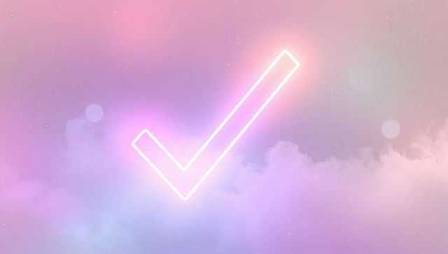 Glowing Neon Check Mark on Pastel Cloud Background