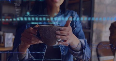 Woman Enjoying Coffee with Digital Tablet and Code in Background