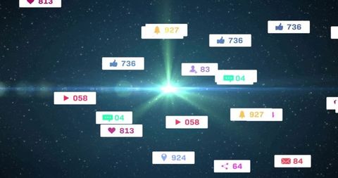 Orbiting Social Media Notifications Over Cosmic Flare, Floating Digital Engagement Counters