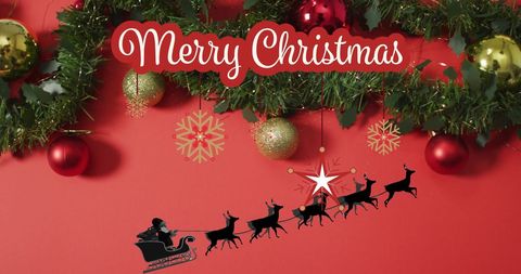 Christmas Greeting with Sleigh and Ornaments on Red Background - Download Free Stock Images Pikwizard.com