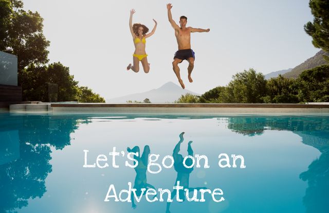 Perfect for travel and leisure promotions, this image features a joyful couple jumping into a pool, encapsulating the spirit of adventure and fun. Ideal for tourism advertisements, summer vacation marketing, and social media campaigns, the vibrant and dynamic atmosphere conveys excitement and freedom.