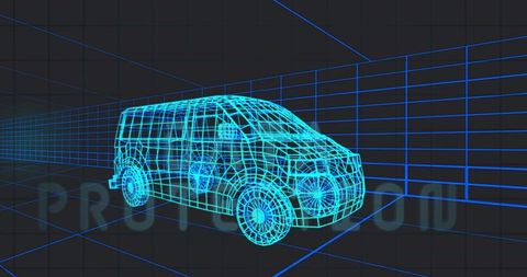 Futuristic Wireframe Van Blueprint in Virtual Environment