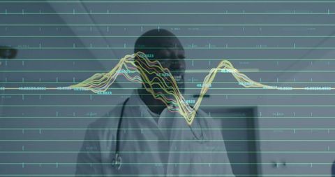 Doctor Among Digital Waveform Grid in Hospital Corridor