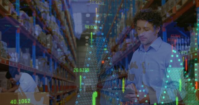 Warehouse worker interacting with digital technology in a logistic factory. Overlay of data visualization represents innovation in inventory management. Suitable for topics on modern logistics, smart warehouses, and supply chain innovations.