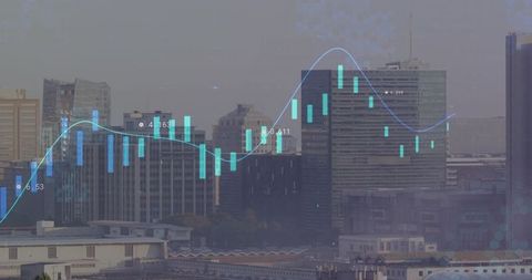 Urban finance visualization overlaying candlestick chart and trend line on city skyline