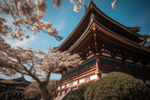 This depiction of a traditional Japanese temple surrounded by cherry blossoms in full bloom captures the essence of Japan in springtime. The wooden structure echoes the rich cultural heritage while the serene ambiance provides a sense of peace and tranquility, making this image suitable for travel blogs, cultural guides, tourism advertisements, and educational materials illustrating Japanese culture and history.