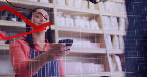 Offering Mobile Payment at Retail Counter with Declining Sales Graph Overlay