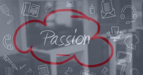 Businessman Writing Passion on Glassboard with Technology Icons