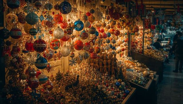 Enchanting Night at Outdoor Christmas Market with Baubles and Lights