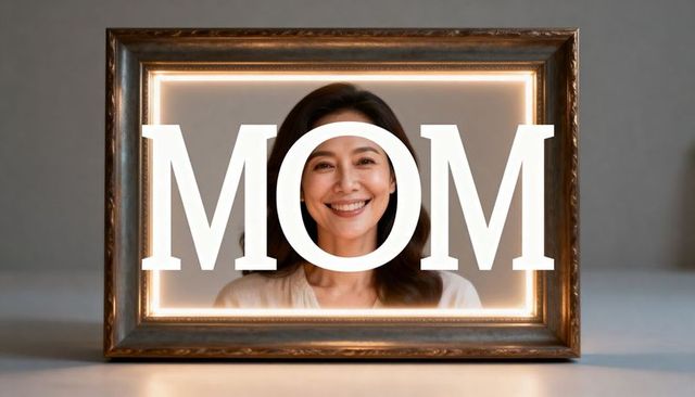 Led-lit framed mom portrait featuring smiling asian woman with warm glow