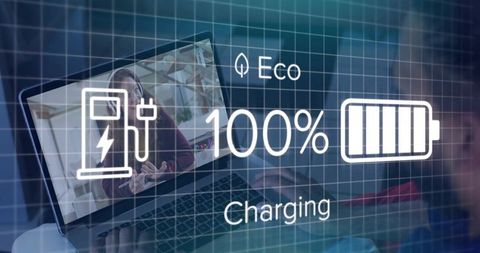 Remote worker typing on laptop with eco 100% charging overlay, virtual meeting interface