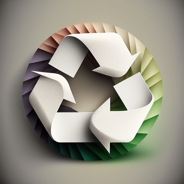 White recycling symbol over colorful circle, created using generative ai technology. Recycling and ecology concept digitally generated image.