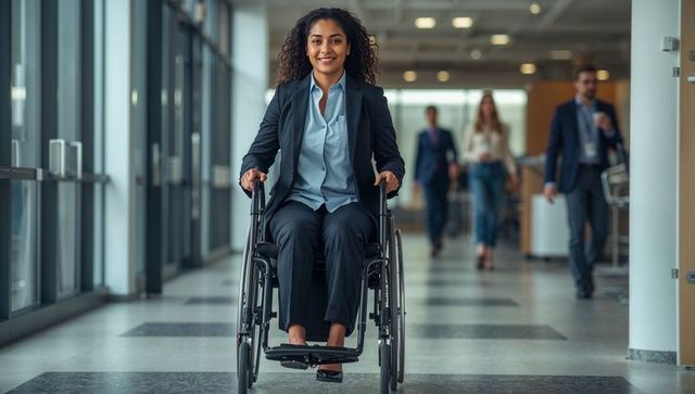 Confident Professional in Wheelchair Navigating Modern Office Space