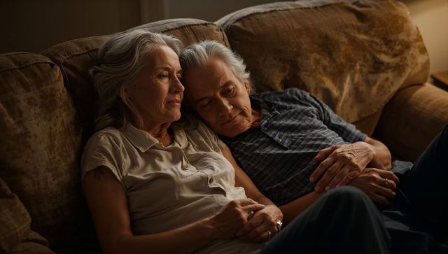 Senior couple cuddling on sofa in warm evening light, intimate relaxed home moment