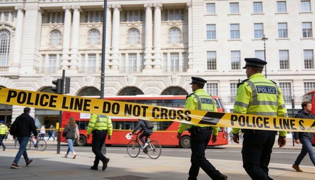 Walking police officers patrolling city street behind yellow police line with red bus
