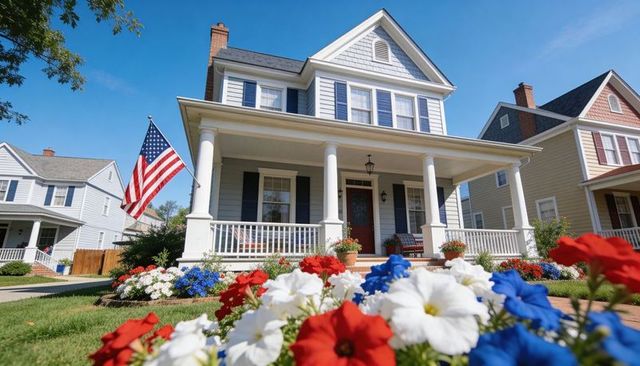 Blue-gray colonial home featuring american flag, porch and red white blue flowerbed