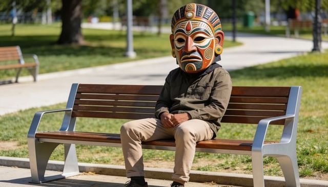 Person wearing colorful tribal mask sitting on park bench in sunny urban greenspace