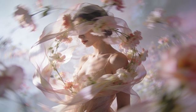 Dreamlike floral portrait of woman with flowing veil, pastel blossoms and sheer dress