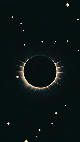 Vertical cosmic eclipse video showing pulsing corona radiating rays, drifting glowing orbs