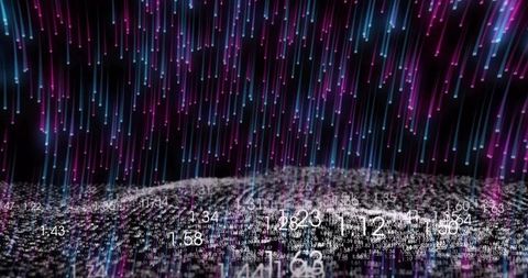 Neon Data Rain and Numeric Point Cloud Forming Futuristic Digital Landscape Visualization