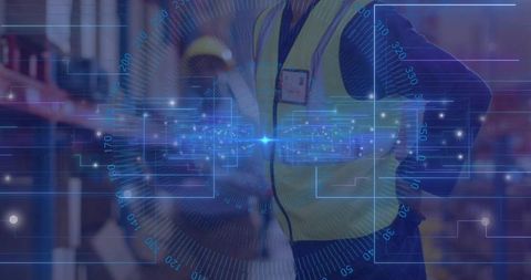 Warehouse worker scanning inventory with augmented reality overlay in racked aisle