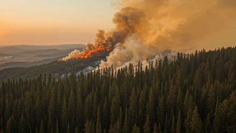 Breaking news: wildfire consuming forest at dramatic sunset backdrop