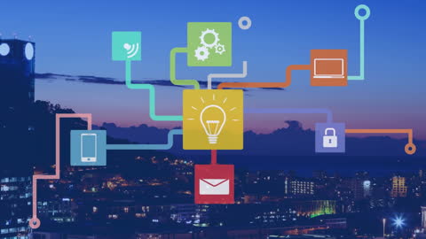 Digital Network Connections Over Cityscape at Dusk