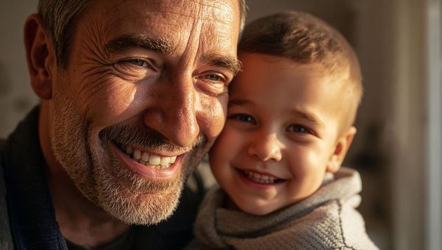 Close-up father and son smiling together in warm window light, candid family portrait
