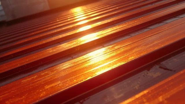 Corrugated metal roof reflecting golden sunrise light