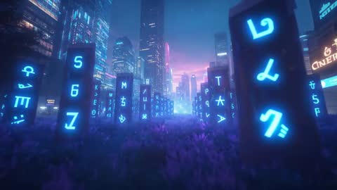 Futuristic Monoliths Light Up Neon Cityscape in Dystopian Setting