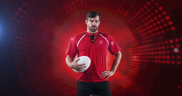 Rugby Player Holding Ball on Abstract Red Background - Download Free Stock Images Pikwizard.com