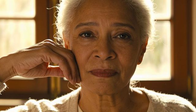 Senior woman resting head on hand, gazing through window with warm backlight, intimate portrait