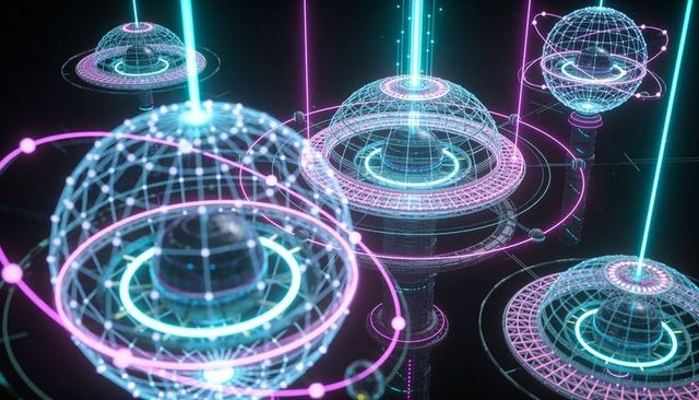 Neon holographic data domes projecting energy beams over futuristic wireframe platforms