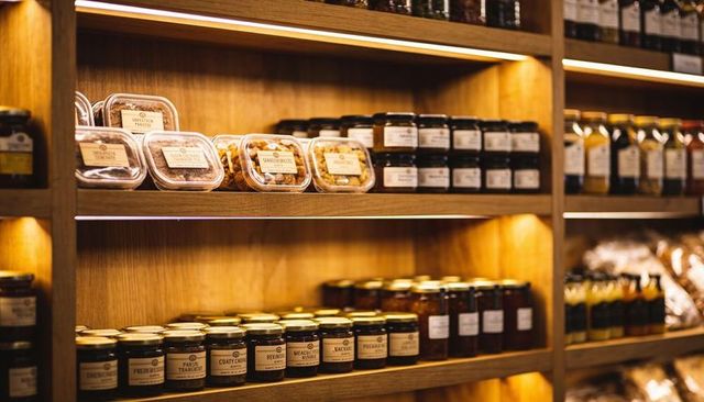Warm wooden shelves displaying gourmet jars, honey, preserves and artisan snacks with led lighting