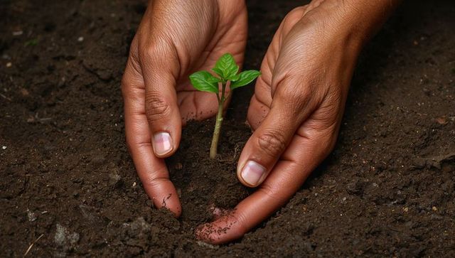 Hands gently cultivating young seedling in rich soil