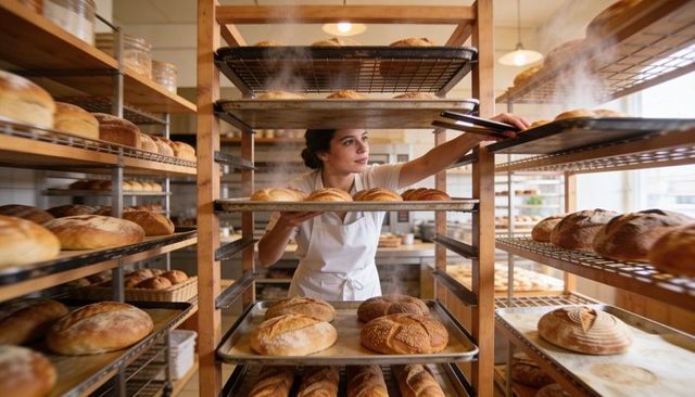 Baker arranging steaming artisan loaves on racks in sunlit commercial bakery