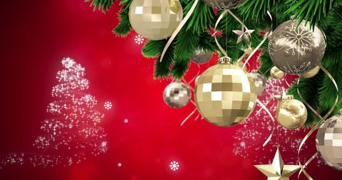 Festive Christmas Baubles on Red Background with Snowflakes