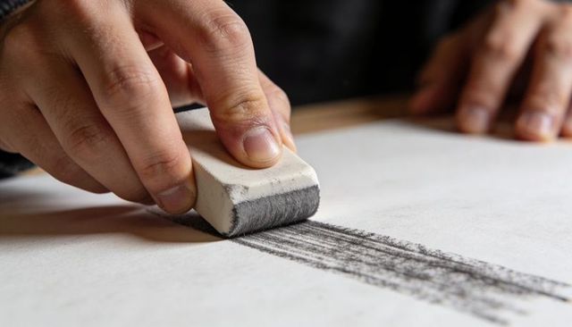 Closeup hand erasing charcoal stroke with white eraser on paper for art correction