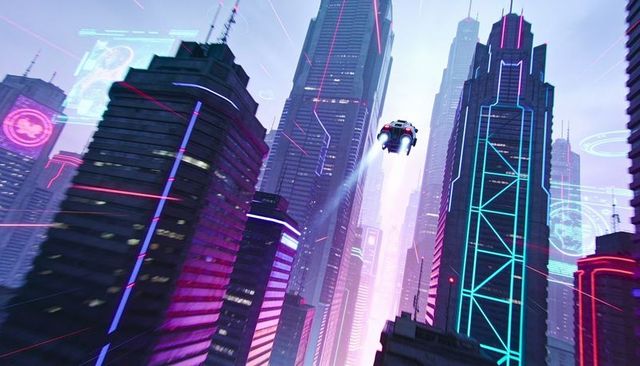 Hover pod cutting neon skyline in futuristic cyberpunk metropolis leaving bright contrail