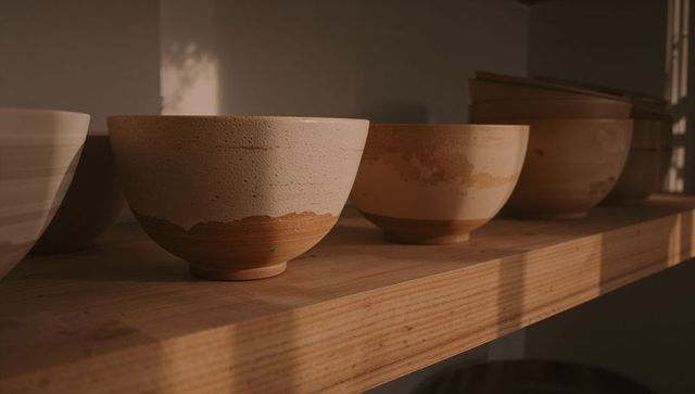 Handmade two-tone ceramic bowls on wooden shelf with warm sunlit shadows and earthy glaze texture