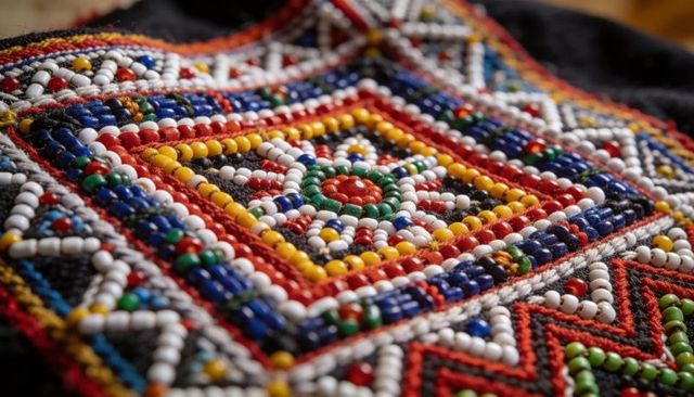 Shimmering beaded geometric textile panel featuring colorful glass beads and embroidery