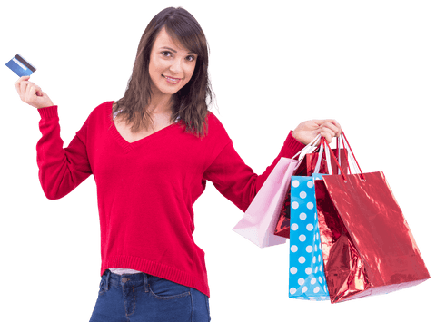 Woman Enjoying Holiday Shopping with Colorful Bags and Credit Card on Transparent Background