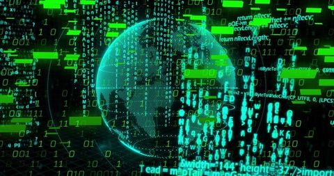 Rotating 3D Data Globe Emitting Binary Streams Over Neon Grid for Cybersecurity Visuals