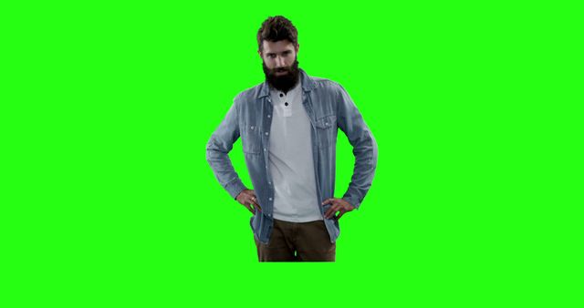 Bearded Man in Denim Shirt Standing Against Green Chromakey Background - Download Free Stock Images Pikwizard.com